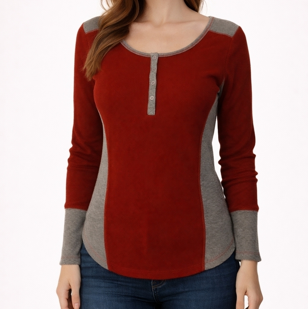 EDDIE BAUER Red and Gray Waffle Long Sleeve Henley Top